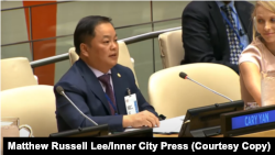 Cary Yan spoke at a NGO meeting at UNESCO Chamber in UN, July 25, 2017.