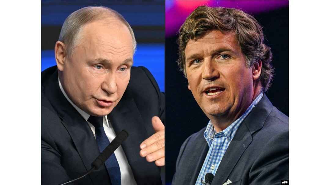 This combination of file pictures created on Feb. 6, 2024, shows Russian President Vladimir Putin, left, on Jan. 31 in Moscow, and Tucker Carlson in West Palm Beach, Florida, July 15, 2023.