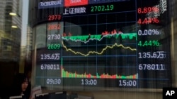 北京一家股票交易所的電子屏幕正在顯示上證指數當日的走勢圖表。（2024年2月5日）