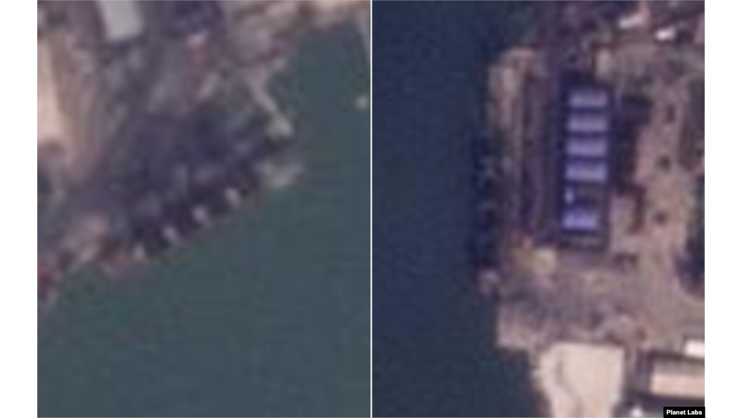 북한 남포(왼쪽)와 송림(오른쪽)의 석탄 취급 항구에서 발견된 대형 선박. 사진=Planet Labs