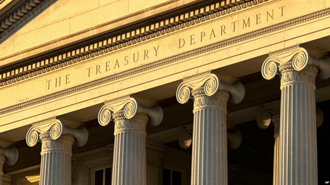 FILE - The facade of the U.S. Treasury Department is seen in Washington, Jan. 18, 2023. The department sanctioned 16 entities and individuals on March 11, 2024, for their role in fundraising and money laundering for the terrorist group al-Shabab.