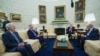 Senate Minority Leader Mitch McConnell, left, Speaker of the House Kevin McCarthy, second from left, and Senate Majority Leader Senator Chuck Schumer, right, listen to U.S. President Joe Biden in the White House in Washington, May 9, 2023.