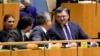 Dmytro Kuleba, Ukraine's foreign minister, right, and Sergiy Kyslytsya, permanent representative of Ukraine to the U.N., react after the U.N. General Assembly voted in favor of a resolution supporting Ukraine, Feb. 23, 2023, at U.N. headquarters.