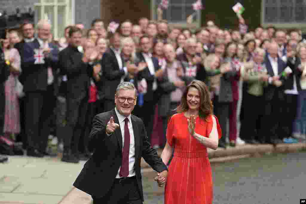 Britain's Labour Party Prime Minister Keir Starmer and his wife Victoria arrive in Downing Street and greet supporters in London. Starmer won the general election on July 4, and was appointed Prime Minster by King Charles III at Buckingham Palace.