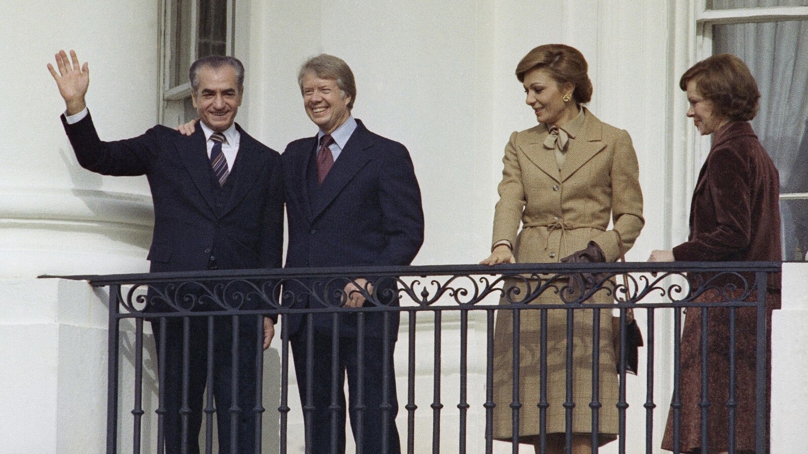 FILE - The Shah of Iran, Mohammad Reza Pahlavi, President Jimmy Carter, Empress Farah Pahlavi and U.S. first lady Rosalynn Carter are pictured on a balcony at the White House in Washington, Nov. 15, 1977.