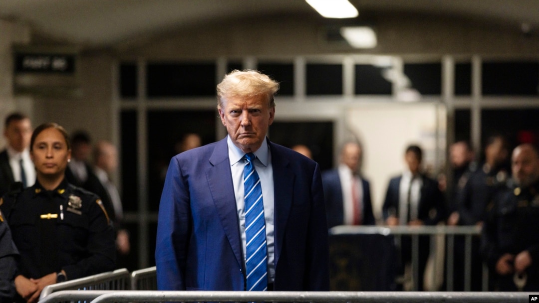 Former President Donald Trump addresses the media following the second day of jury selection, April 16, 2024, at Manhattan criminal court in New York. Trump is charged with falsifying business records to cover up a sex scandal during his 2016 campaign. 