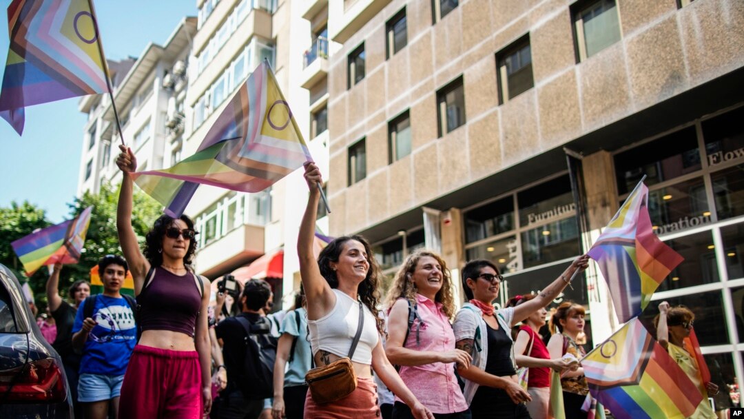 People shout slogans during the LGBTQ Pride March in Istanbul, Turkey, June 25, 2023.
