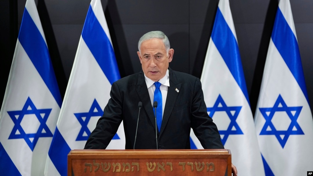 Israeli Prime Minister Benjamin Netanyahu speaks to the media during a press conference, in Tel Aviv, Israel, April 10, 2023.