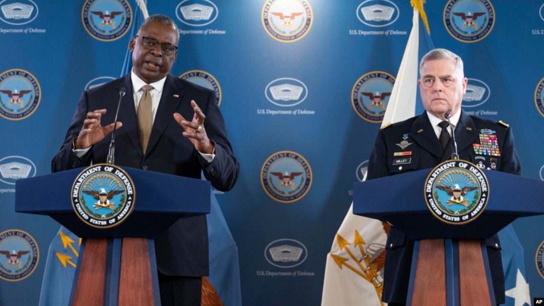 Defense Secretary Lloyd Austin and Joint Chiefs Chairman Gen. Mark Milley hold a press briefing at the Pentagon, May 25, 2023 in Washington. 