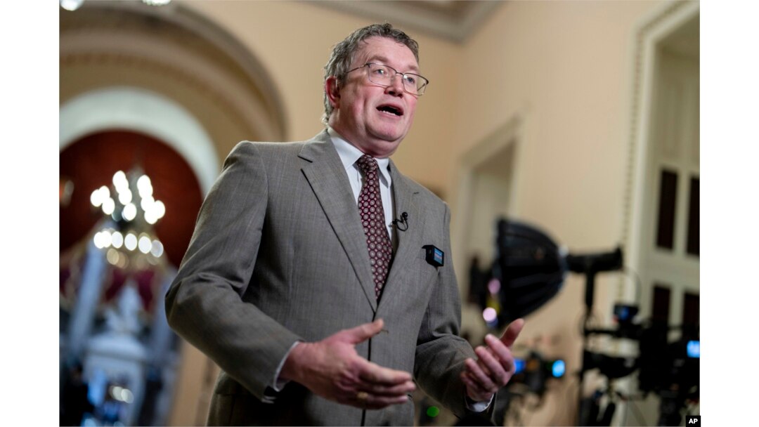FILE - Rep. Thomas Massie, R-Ky., speaks at the Capitol in Washington, Jan. 12, 2024. Massie, who backed Ron DeSantis’ presidential bid, is facing a challenge in the 4th District Republican primary from Eric Deters, a staunch Donald Trump supporter.