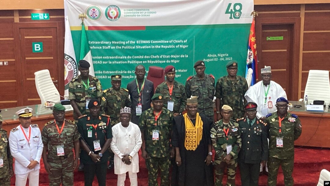 Wakuu wa majeshi wa Jumuiya ya Uchumi ya Afrika Magharibi (ECOWAS) walipokutana Abuja, Nigeria, on Aug. 4, 2023, kujadili hali ya Niger.