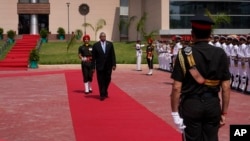 U.S. Secretary of Defense Lloyd Austin inspects a joint military guard of honor upon his arrival at the Manekshaw Center for a meeting with Indian Defense Minister Rajnath Singh, in New Delhi, India, June 5, 2023.