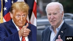 El expresidente estadounidense y aspirante presidencial republicano Donald Trump en Clinton, Iowa, el 6 de enero de 2024, y el presidente estadounidense Joe Biden en Rehoboth Beach, Delaware, el 4 de noviembre de 2023.