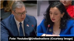 Predsednik Srbije Aleksandar Vučić i predsednica Kosova Vjosa Osmani na sednici Saveta bezbednosti UN u Njujorku, 22. aprila 2024. (Foto: Youtube/@Unitednations)