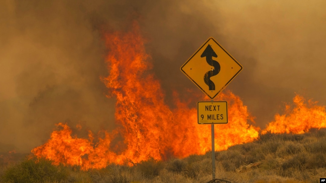 Flames rise from the York Fire in the Mojave National Preserve, California, July 30, 2023.