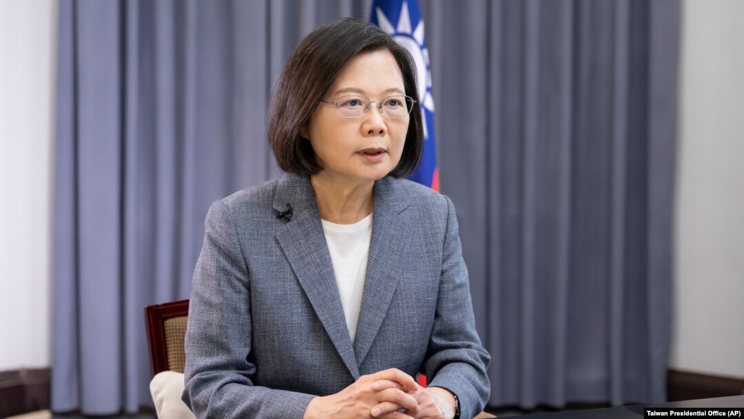 Taiwan's President Tsai Ing-wen speaks about recent Chinese military drills in Taipei, April 11, 2023.