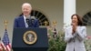 Vice President Kamala Harris reacts as President Joe Biden speaks during an event about gun safety, Sept. 22, 2023, in the Rose Garden of the White House in Washington. 