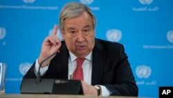 FILE - U.N Secretary-General Antonio Guterres addresses reporters during a visit to the U.N. office in Nairobi, Kenya, May 3, 2023. On June 15, 2023, Guterres gave remarks warning about the need for immediate action on the world's climate crisis.