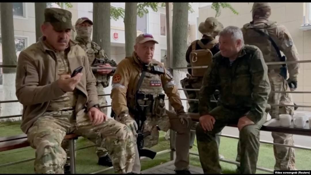 Founder of Wagner private mercenary group Yevgeny Prigozhin meets with Russia's Deputy Minister of Defense Yunus-Bek Yevkurov, at the headquarters of the Southern Military District of the Russian Armed Forces, in Rostov-on-Don, Russia, June 24, 2023.