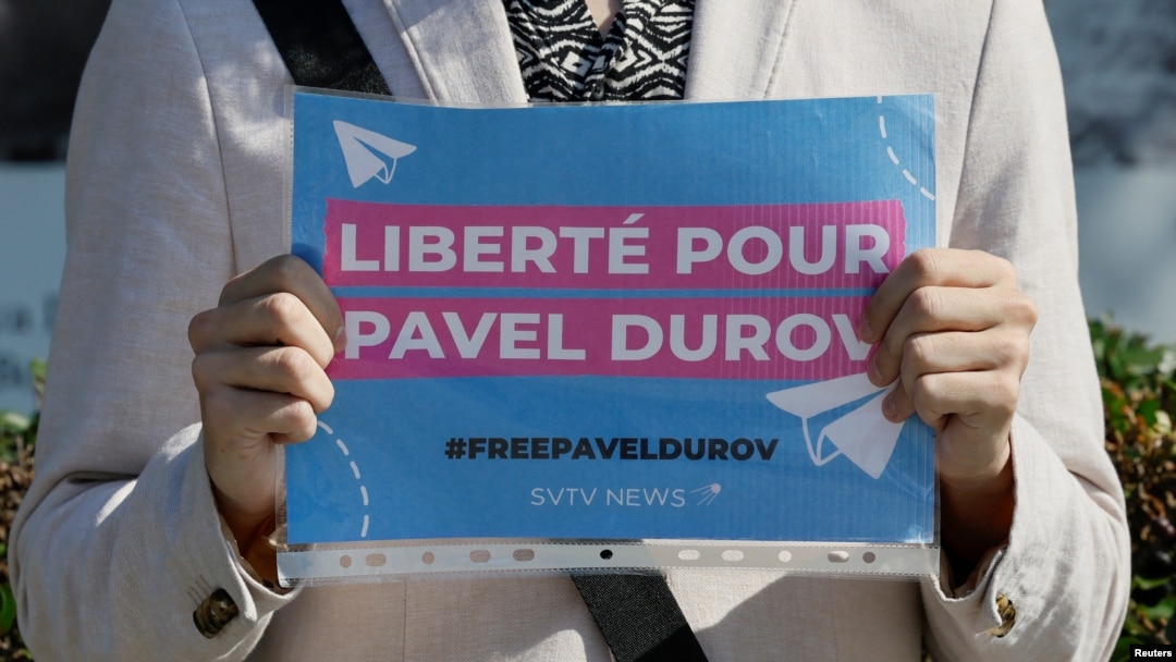 A protester holds a placard to bring attention to the arrest of Pavel Durov, founder and CEO of the Telegram messaging app, near the French Embassy in Moscow, Russia, Aug 25, 2024. The placard reads: "Freedom for Pavel Durov."