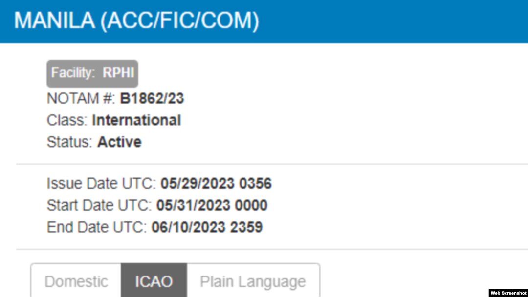 필리핀 민간항공청(CAAP)이 29일 발표한 항공고시보(NOTAM). 출처=연방항공청(FAA)