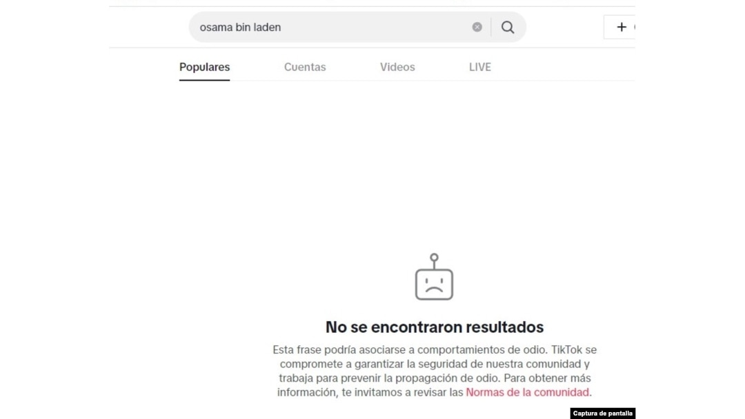 La plataforma TikTok no permite hacer búsquedas de la palabra Osama bin Laden.