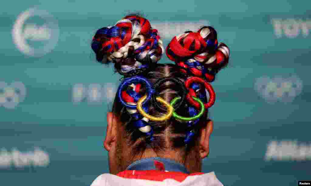Hair style of bronze medalist Emily Campbell of Britain is pictured after the women's +81kg weightlifting during the Paris 2024 Olympics in South Paris Arena 6 in Paris, France.