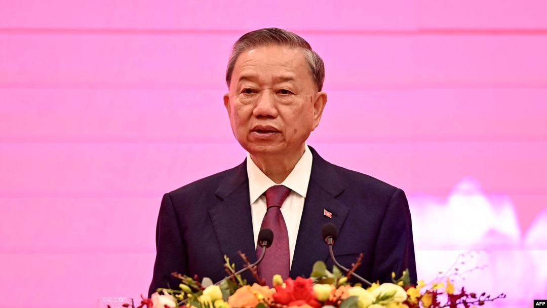 FILE- General Secretary of the Communist Party of Vietnam and President To Lam speaks during a press conference at the National Convention Center in Hanoi on Aug. 3, 2024.