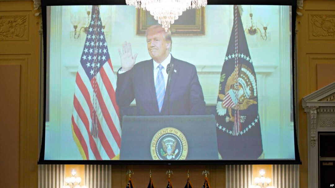 A video of President Donald Trump recording a statement on Jan. 7, 2021, is played, as the House select committee investigating the Jan. 6 attack on the US Capitol holds a hearing July 21, 2022. 