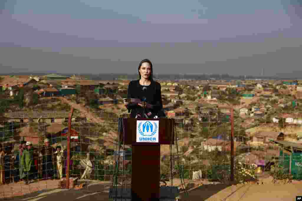 Hollywood actress Angelina Jolie addresses a press conference at the Kutupalong refugee camp in Cox's Bazar, Bangladesh.
