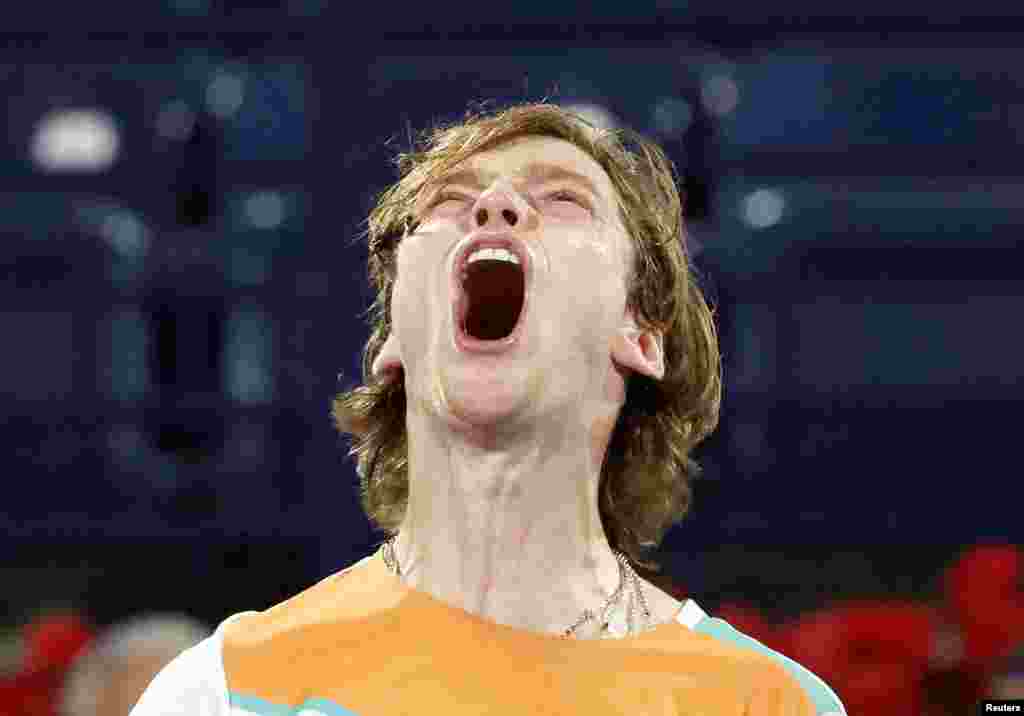 Russia's Andrey Rublev celebrates winning his semi-final match against Poland's Hubert Hurkacz, at the Dubai Tennis Championships in Dubai, United Arab Emirates.