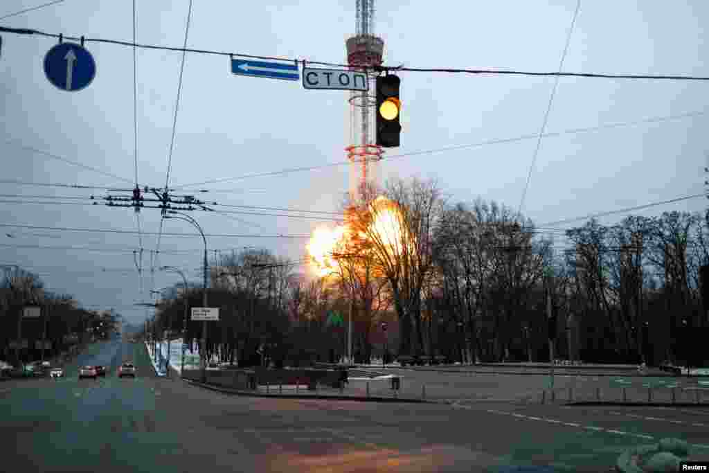 A blast can be seen within the TV tower as Russia's invasion of Ukraine, in Kyiv continues.