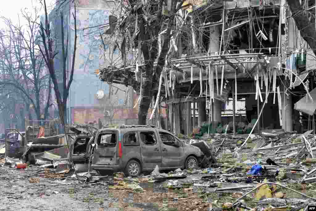 The remainder of a destroyed building can be seen after shelling by Russian forces in Ukraine's second-largest city of Kharkiv.