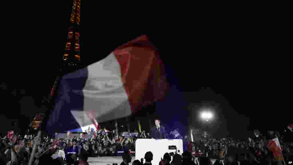 President Emmanuel Macron speaks after his victory in France's presidential election, April 24, 2022 in Paris.