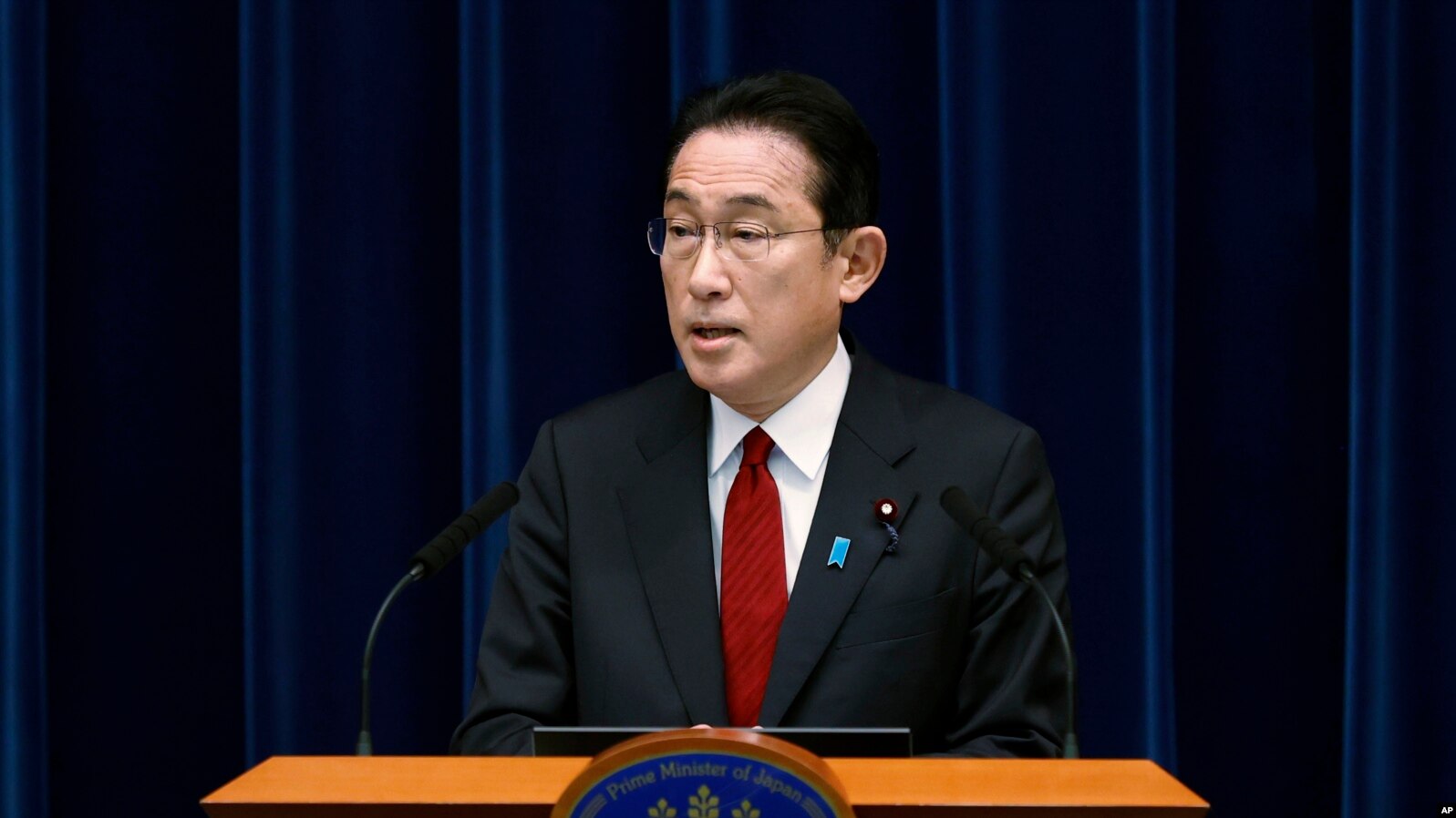 FILE - Japan's Prime Minister Fumio Kishida speaks during a press conference at his official residence in Tokyo, Feb. 25, 2022. Japan announced Tuesday a new round of sanctions on Russia since its invasion of Ukraine.