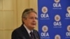El presidente de Ecuador, Guillermo Lasso, habla ante la Organización de Estados Americanos (OEA) durante su visita de dos días a Washington, el 19 de diciembre de 2022. [Foto: Tomás Guevara, VOA]