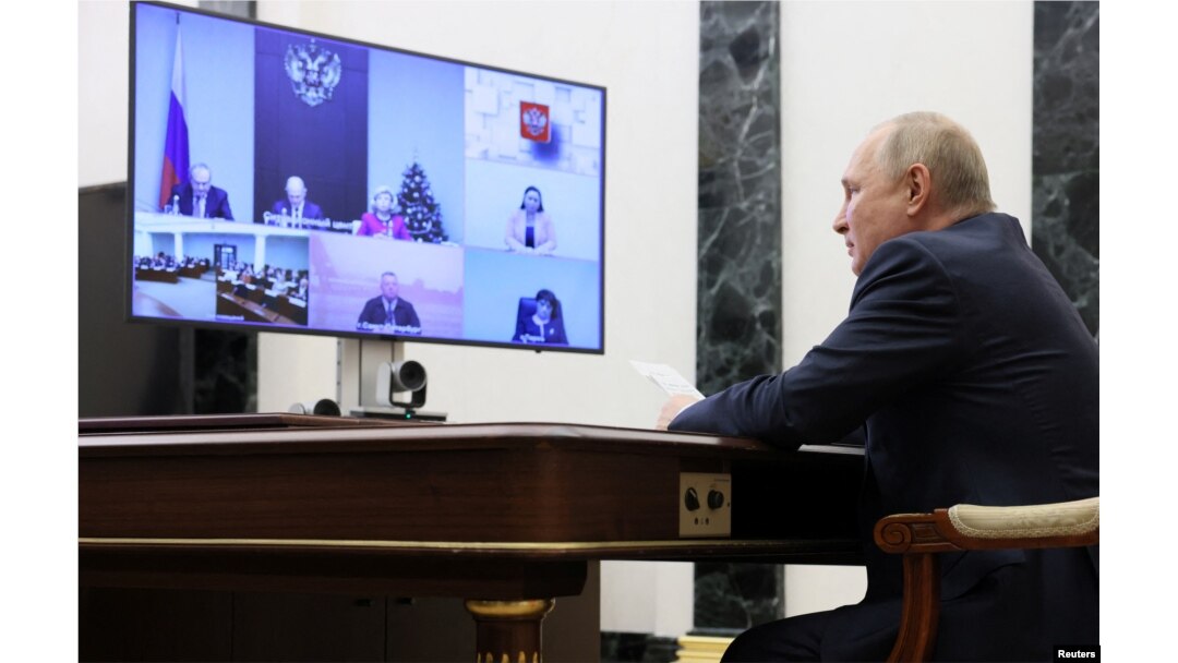 Russian President Vladimir Putin holds the annual meeting of the Presidential Council for Civil Society and Human Rights, via video link in Moscow, Dec. 7, 2022. (Sputnik/Mikhail Metzel/Pool via Reuters)