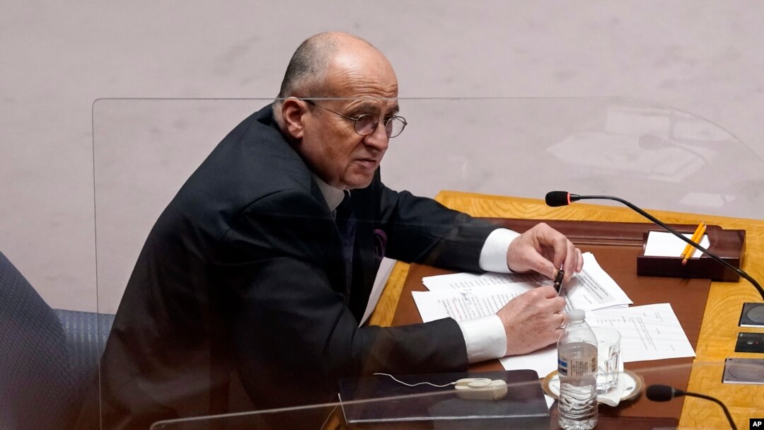 El Ministro de Relaciones Exteriores de Polonia, Zbigniew Rau, actual presidente de la Organización para la Seguridad y la Cooperación en Europa (OSCE), se dirige al Consejo de Seguridad de la ONU el 14 de marzo de 2022.