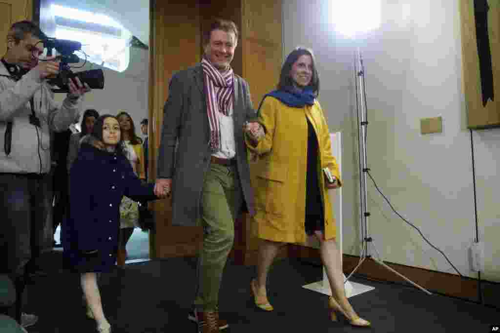 Nazanin Zaghari-Ratcliffe, Richard Ratcliffe and their daughter Gabriella arrive for a press conference hosted by her local MP Tulip Siddiq, in the Macmillan Room, Portcullis House in London, following her release from detention in Iran.