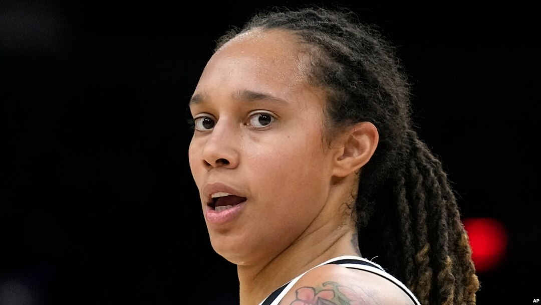 FILE - Phoenix Mercury center Brittney Griner is shown during the first half of Game 2 of basketball's WNBA Finals against the Chicago Sky, Oct. 13, 2021, in Phoenix, Arizona. 