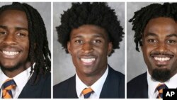 This combo of undated image provided by University of Virginia Athletics shows NCAA college football players, from left, Devin Chandler, Lavel Davis Jr. and D'Sean Perry, killed in a shooting, Nov. 13, 2022, in Charlottesville, Va., 
