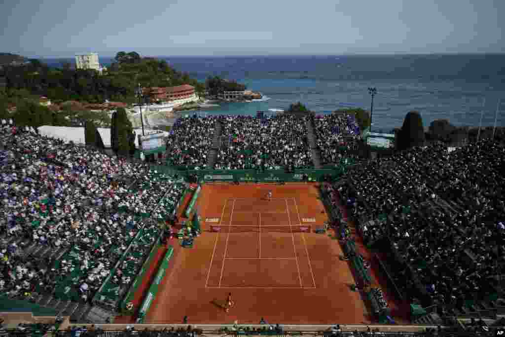 Serbia's Novak Djokovic returns the ball to Spain's Alejandro Davidovich Fokina during their second round match at the Monte-Carlo Masters tennis tournament in Monaco.