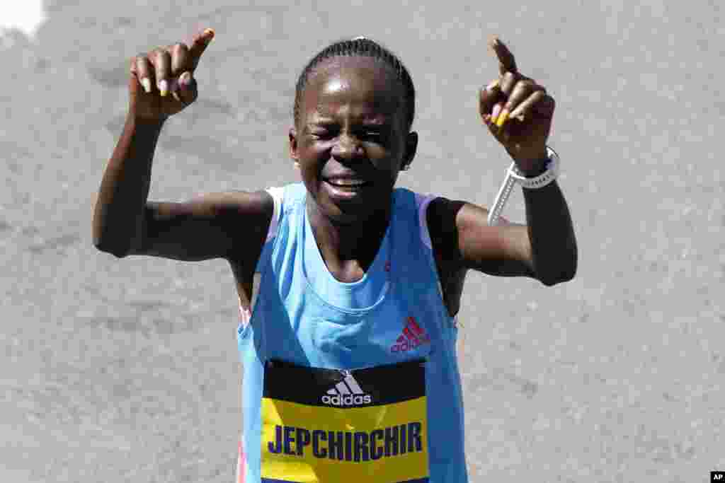 Peres Jepchirchir of Kenya reacts after winning the women's division of the Boston Marathon in Boston, Massachusetts.