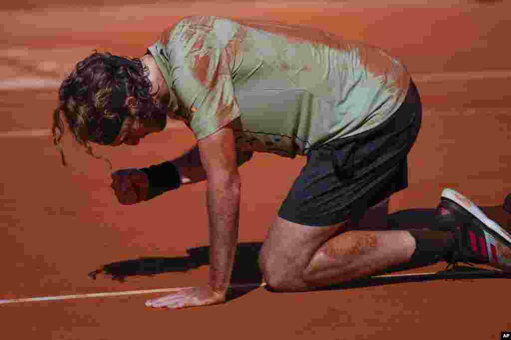 Greece's Stefanos Tsitsipas celebrates his victory over Spain's Alejandro Davidovich Fokina during the final match of the Monte-Carlo Masters tennis tournament in Monaco.