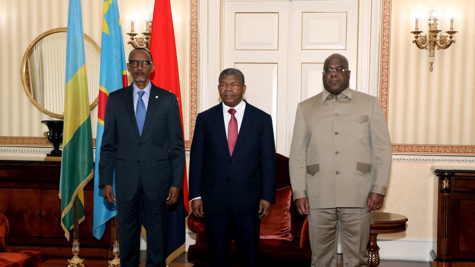 Rais Paul Kagame wa Rwanda, Joao Loourenco wa Angola na Felix Tshisekedi wa DRC. Picha ya AFP