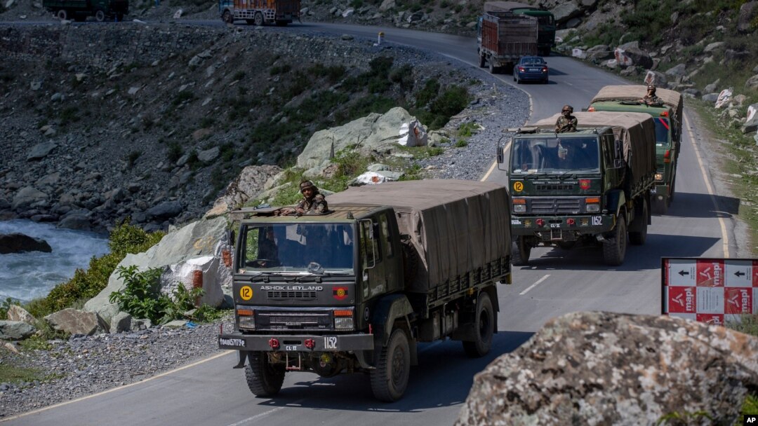 An Indian army convoy moves on the Srinagar- Ladakh highway at Gagangeer, northeast of Srinagar, Indian-controlled Kashmir, Wednesday, Sept. 9, 2020. China and India have been engaged in a tense standoff in the cold-desert Ladakh region since May,…