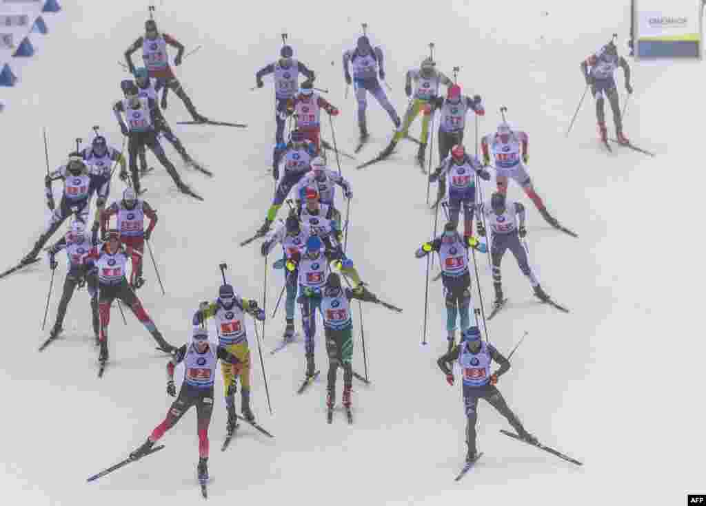 Athletes compete in the men's 4x7,5 km relay event of the IBU Biathlon World Cup in Oberhof, eastern Germany.