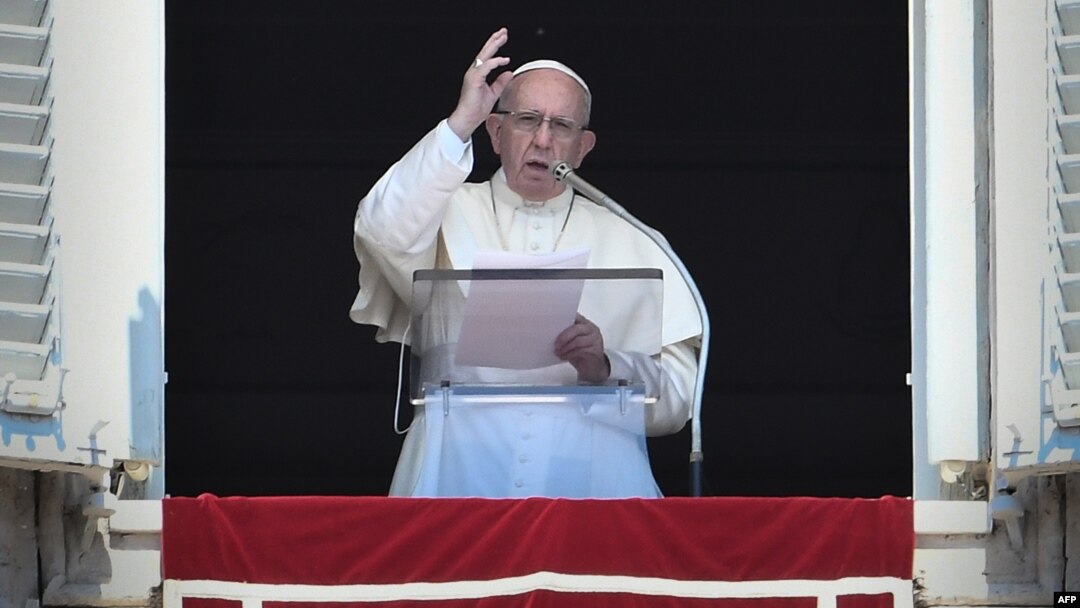 Pope Francis delivers a speech to the faithful prior to the Angelus prayer, Aug. 19, 2018, at St. Peter's square in the Vatican. 