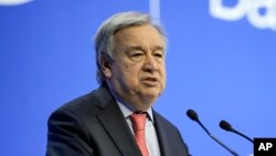 FILE - U.N. Secretary-General Antonio Guterres speaks at the World Economic Forum in Davos, Switzerland, Jan. 18, 2023.