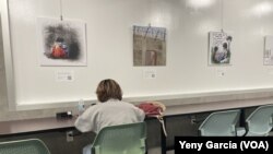 Una joven estudia cerca de caricaturas que forman parte de la exhibición 'A Punta de Lápiz', en la Green Library de la FIU, Miami, el 18 de enero de 2023.